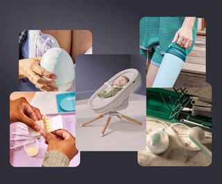 Collage of images featuring a baby Elvie Rise bouncer, Elvie electric breast pump, Elvie colostrum collection kit, Elvie Wave manual breast pump and a person holding an Elvie milk cooler. 
