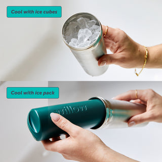 Person holding a Elvie breast milk cooler container with ice cubes and another inserting the ice pack into the container