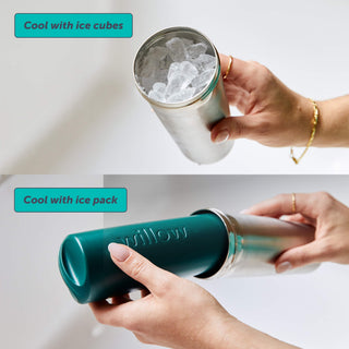 Person holding a Elvie breast milk cooler container with ice cubes and another inserting the ice pack into the container