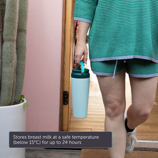 Person holding a Elvie breast milk cooler with text about storing breast milk storage.