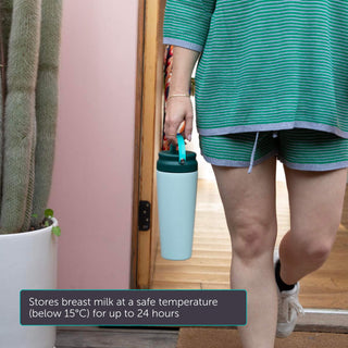 Person holding a Elvie breast milk cooler with text about storing breast milk storage.