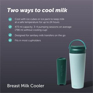 Breast milk cooler with text on a dark background