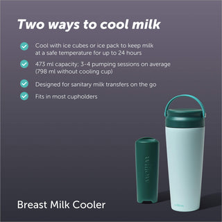 Breast milk cooler with text on a dark background