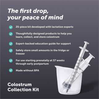 Elvie Colostrum Collection Kit with syringe and beaker on a dark background and key selling points