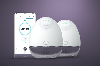 Elvie pump double featured alongside smartphone showing app integration