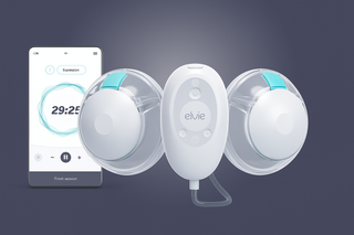 Elvie stride 2 breast pump on dark grey background with smartphone showing app integration