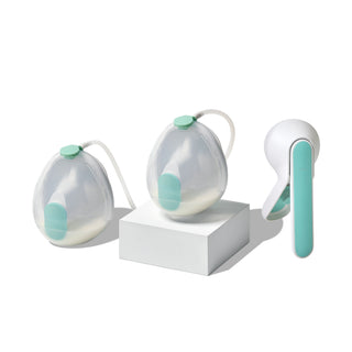 A product shot of Elvie Wave double manual breast pump showing two collection cups and handle