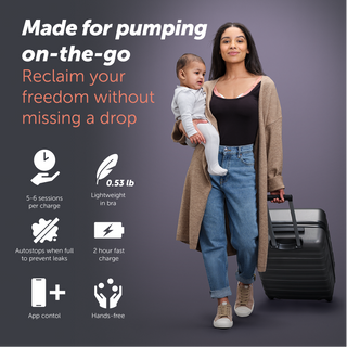 Woman holding a baby and a suitcase with text about pumping on-the-go and Elvie Pump product features.