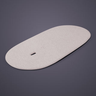 Oval-shaped grey padded sheet replacement for Elvie Rise bouncer and bassinet on a dark grey background