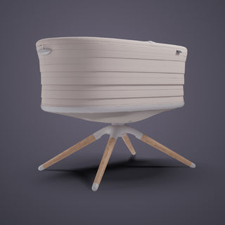 Modern Elvie smart bouncer and bassinet with beige woven backrest and wooden legs on a dark grey background