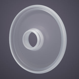 Clear Elvie Stride 2 breast shield on a dark grey background