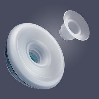 Elvie Stride 2 silicone inserts visualisation going into breast cup on a dark grey background