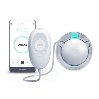 Elvie Stride 2 breast pump single with a smartphone displaying an app interface on a white background