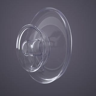 Clear breast shield for Elvie Stride breast pump on a dark grey background
