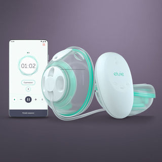 Elvie Stride breast pump with smartphone displaying app interface on a dark background