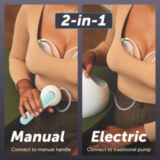 Two views of a breast pump with '2-in-1' text, one manual and one plug in to electric, on a split background.