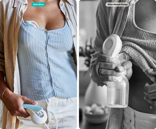 Woman using the elvie wave in-bra wearable manual breast pump with a close-up of a traditional manual pump in black and white.